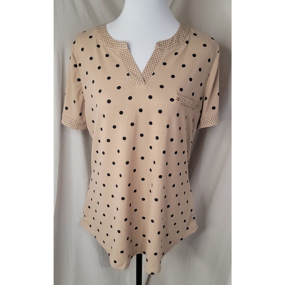 50th Street Petite XL Beige Black Polka Dot Blouse Short Sleeve Notch Neck Top